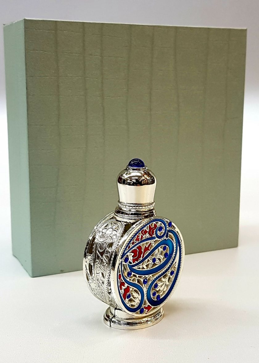– Osmanlı Motif Esans Parfüm Şişes Gümüş Mavii 3 ml Cam Çubuk ve Kutulu