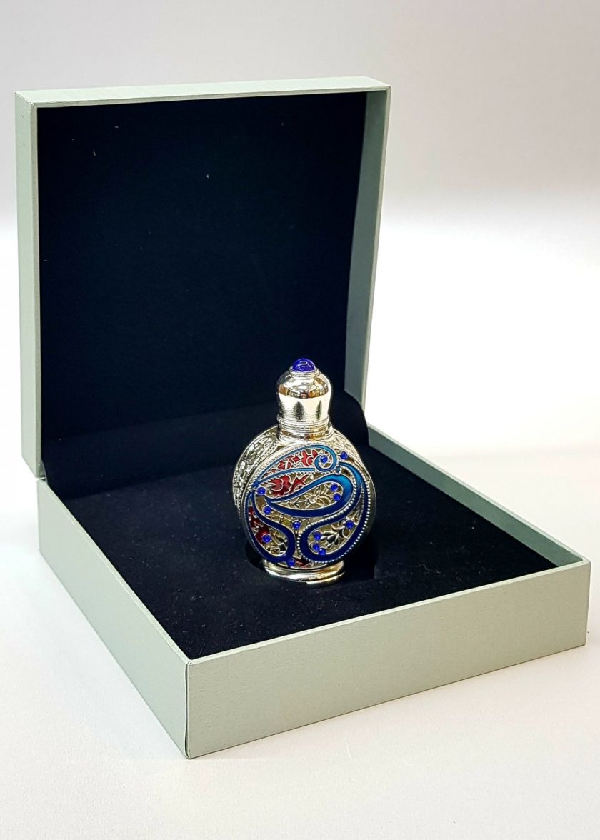 – Osmanlı Motif Esans Parfüm Şişes Gümüş Mavii 3 ml Cam Çubuk ve Kutulu