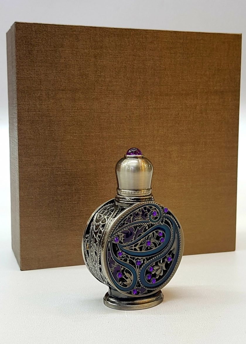 – Osmanlı Motif Esans Parfüm Şişes Gümüş Eflatun 3 ml Cam Çubuk ve Kutulu