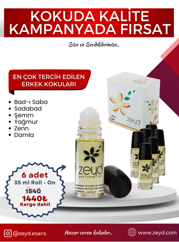 Erkek Kokuları Seti Alkolsüz Esans Roll on EDP Unisex 35 ml 6 Adet
