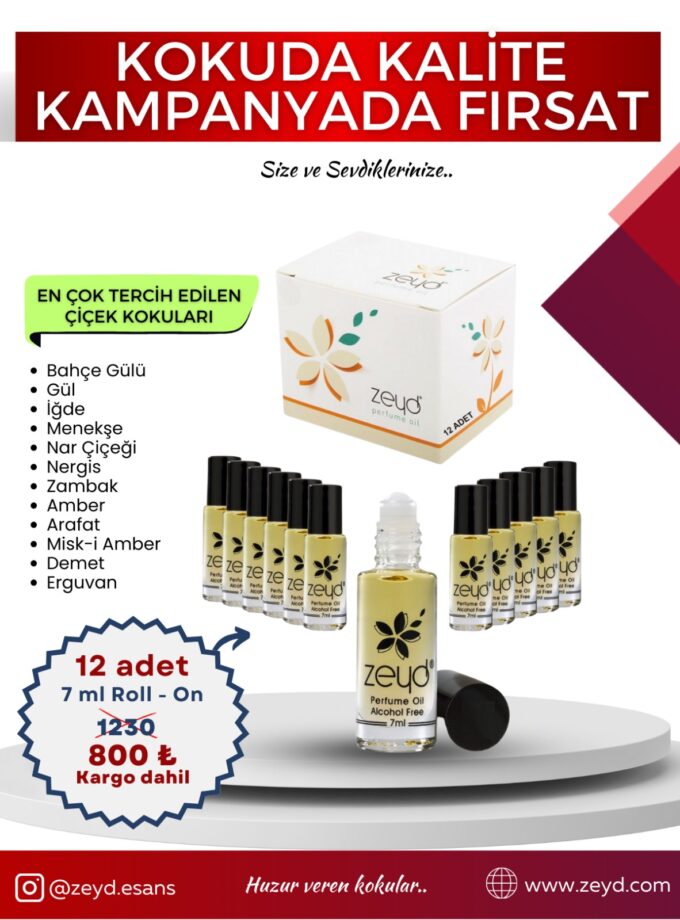 Çiçek Kokuları Seti Alkolsüz Esans Roll on EDP Unisex 7 ml 12 Adet
