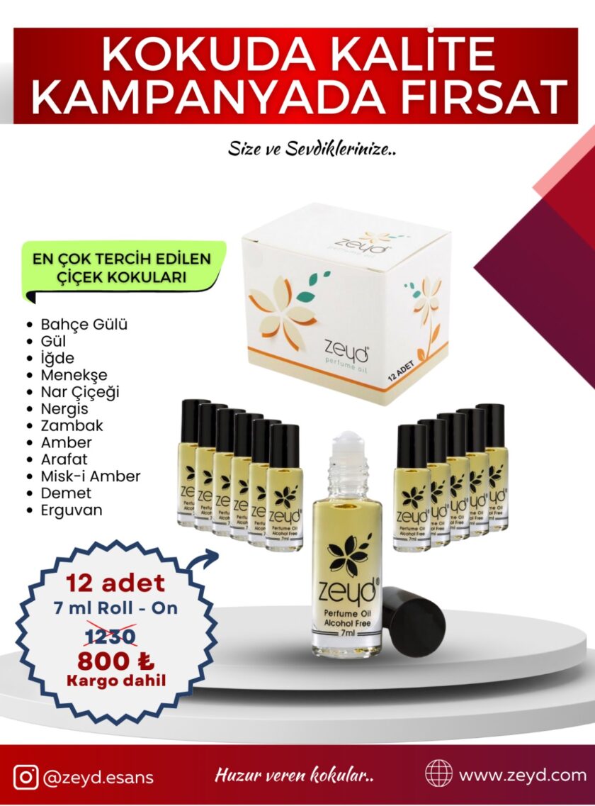 Çiçek Kokuları Seti Alkolsüz Esans Roll on EDP Unisex 7 ml 12 Adet