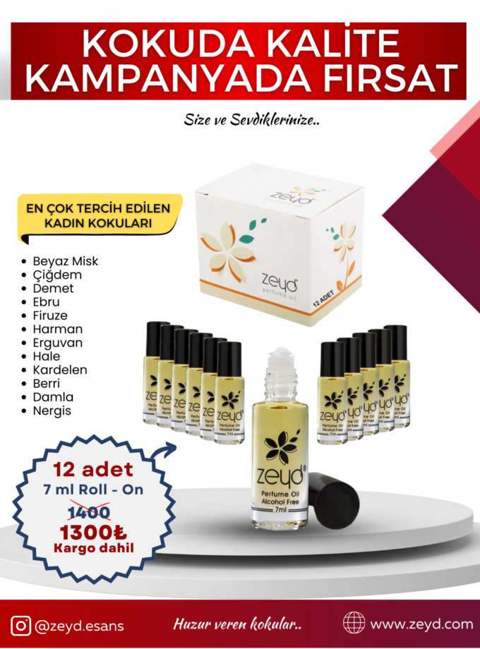 Kadın Kokuları Seti Alkolsüz Esans Roll on EDP Unisex 7 ml 12 Adet