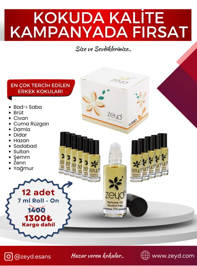 Erkek Kokuları Seti Alkolsüz Esans Roll on EDP Unisex 7 ml 12 Adet