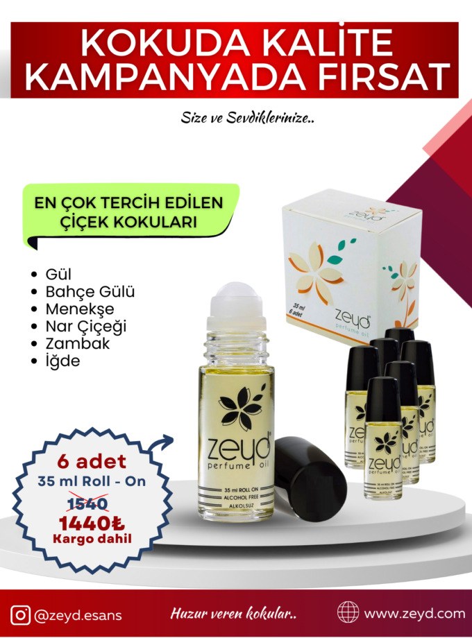 Çiçek Kokuları Seti Alkolsüz Esans Roll on EDP Unisex 35 ml 6 Adet