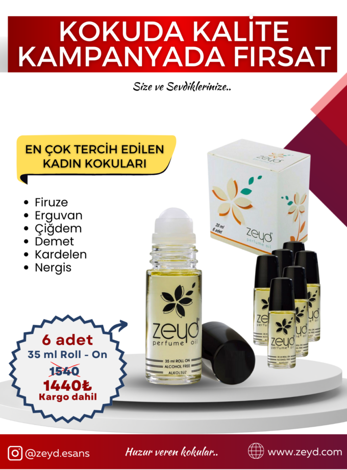 Kadın Kokuları Seti Alkolsüz Esans Roll on EDP Unisex 35 ml 6 Adet
